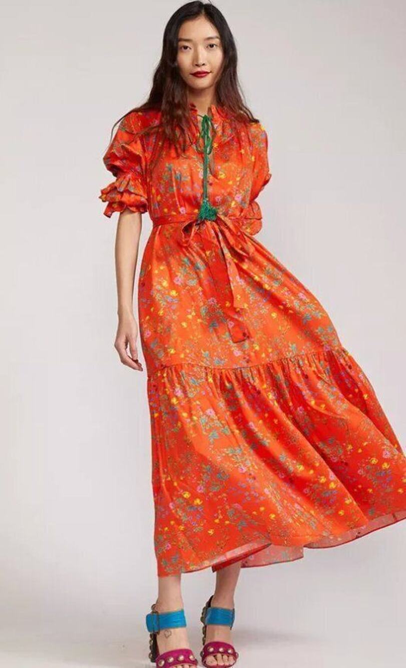 CYNTHIA ROWLEY M Medium Sanibel Cotton Maxi Dress Red Orange Floral